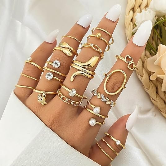 Kiss wife gold and silver stacking finger joint rings set, suitable for women and girls, Posmian fashion exquisite, cute, shiny aesthetic mid -length ring suit, crystal rhinestone pearl clothing jewel