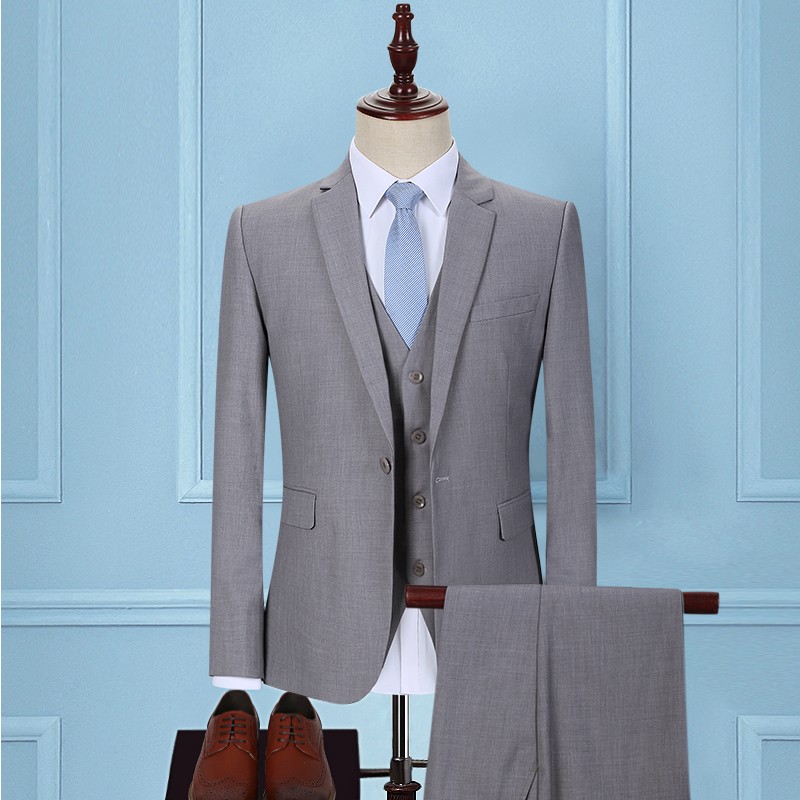 Light gray men's suit suit Korean version of slim three -piece business leisure career formal groom wedding dress