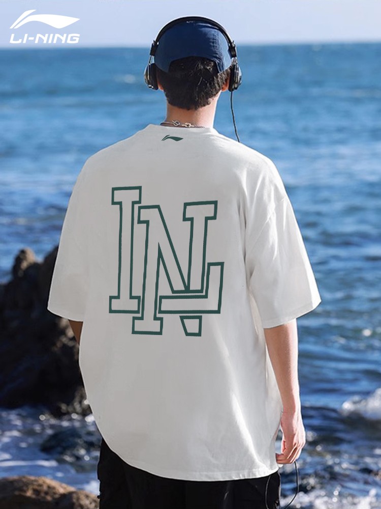 Li Ning short -sleeved men's summer 2024 new casual half -sleeved white round neck loose body shirt couple pure cotton T -shirt